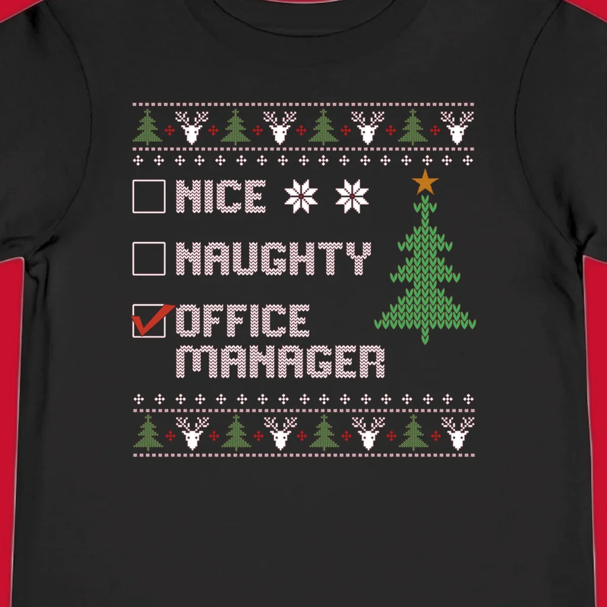 Office manager Christmas checklist design with 'OFFICE MANAGER' checked, featuring a Christmas tree.