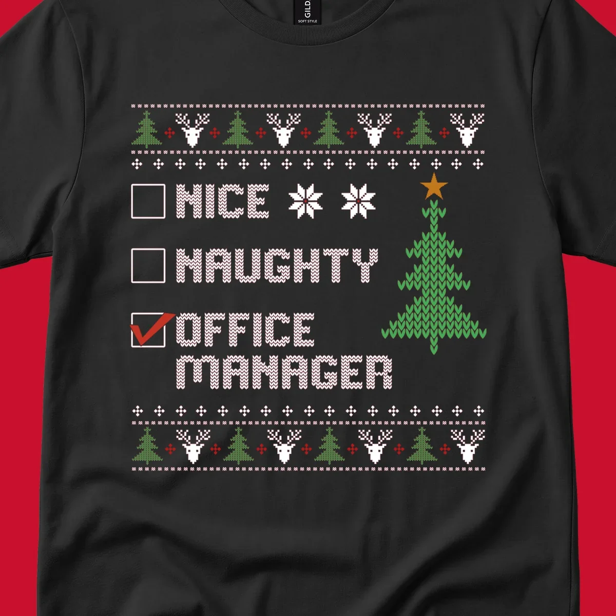 Office manager Christmas checklist design with 'OFFICE MANAGER' checked, featuring a Christmas tree.