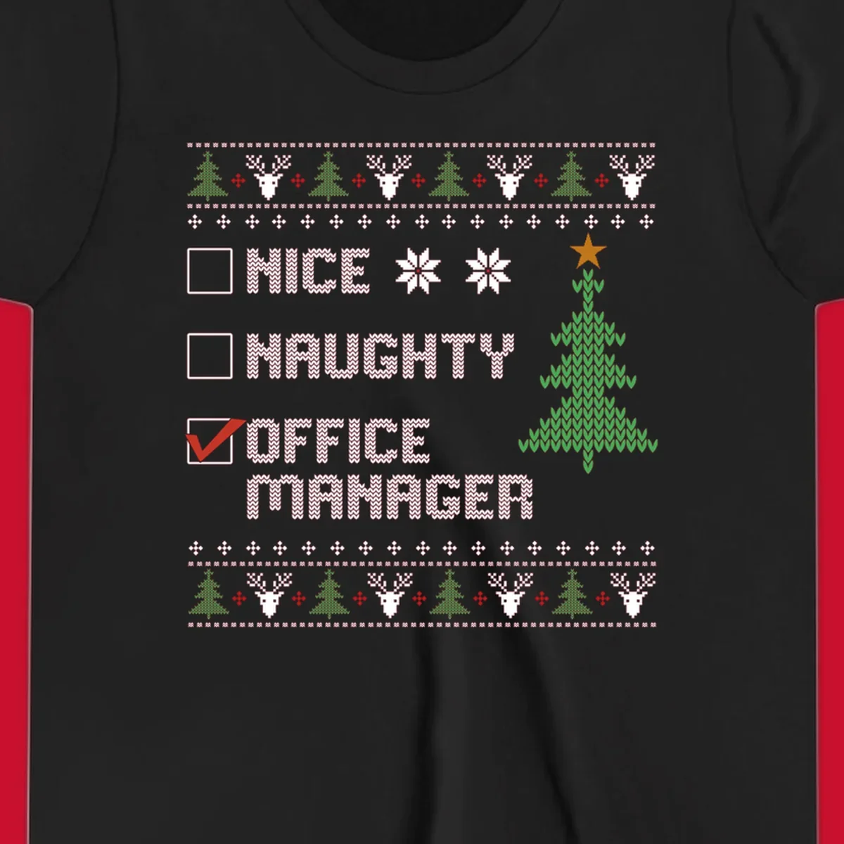 Office manager Christmas checklist design with 'OFFICE MANAGER' checked, featuring a Christmas tree.