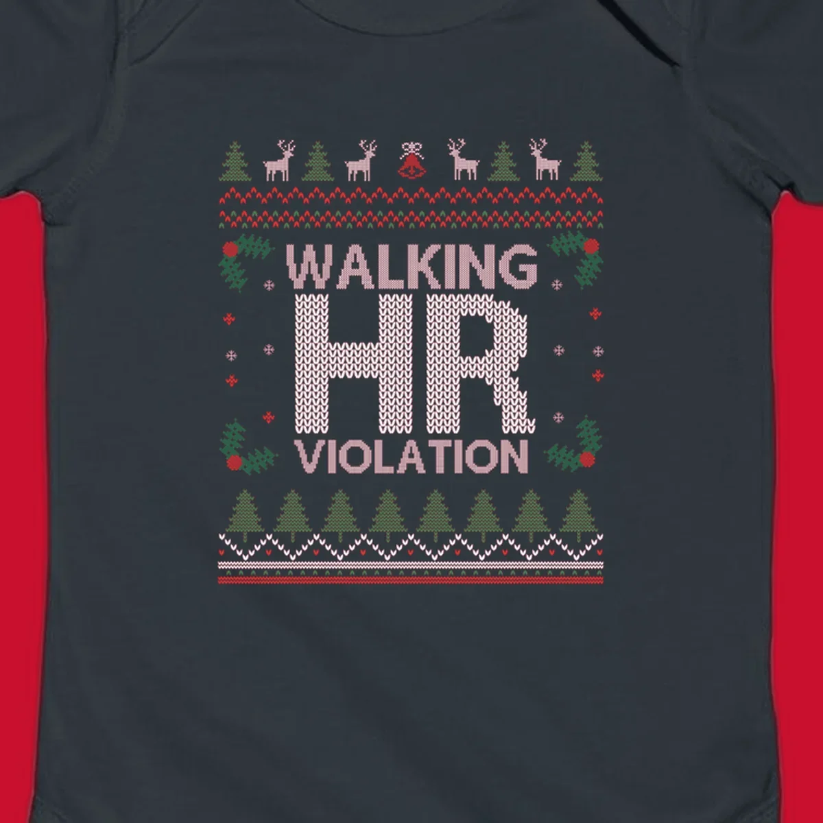 Walking HR Violation ugly Christmas sweater design with festive holiday borders.