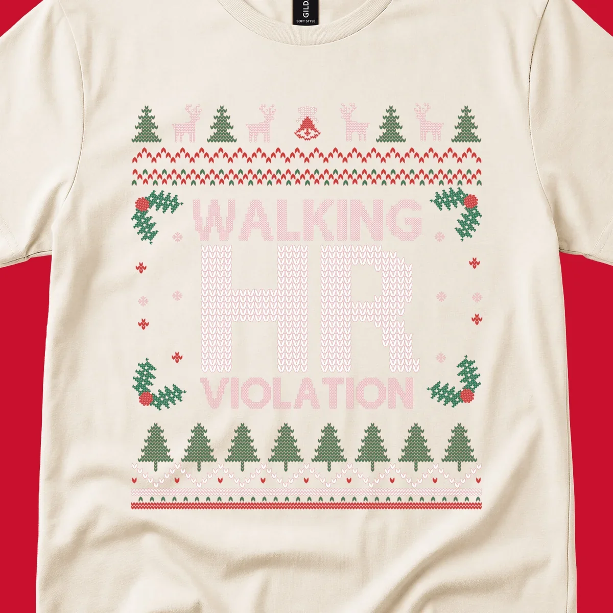 Walking HR Violation ugly Christmas sweater design with festive holiday borders.