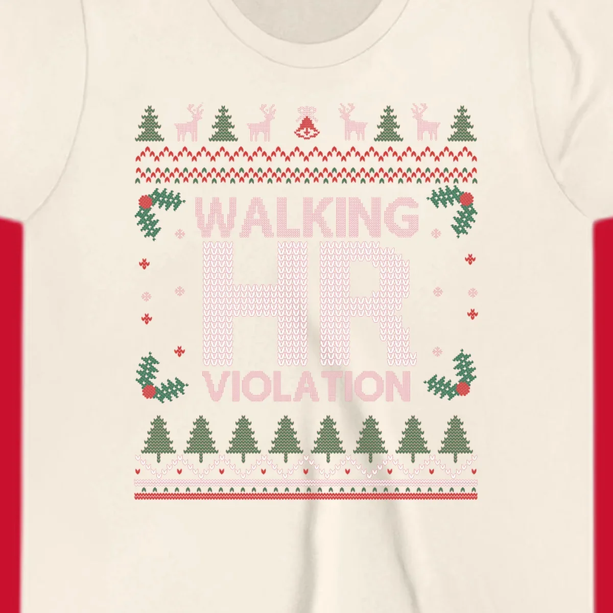 Walking HR Violation ugly Christmas sweater design with festive holiday borders.