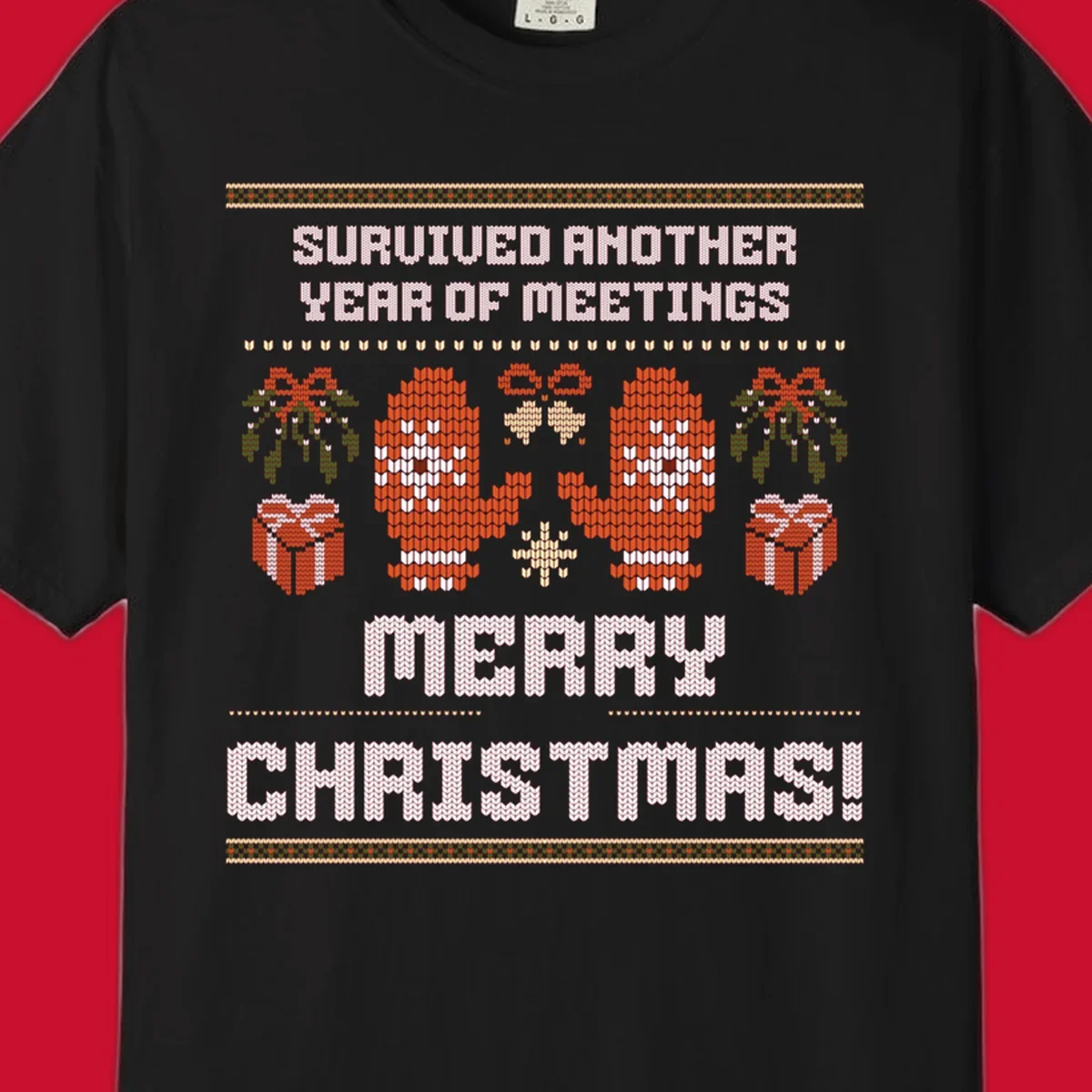 Text 'Survived Another Year Of Meetings' and 'Merry Christmas!' with lung graphics, presents, and mistletoe - meeting survivor christmas.