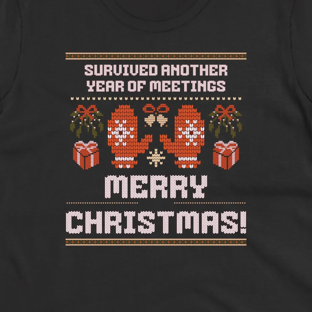 Text 'Survived Another Year Of Meetings' and 'Merry Christmas!' with lung graphics, presents, and mistletoe - meeting survivor christmas.