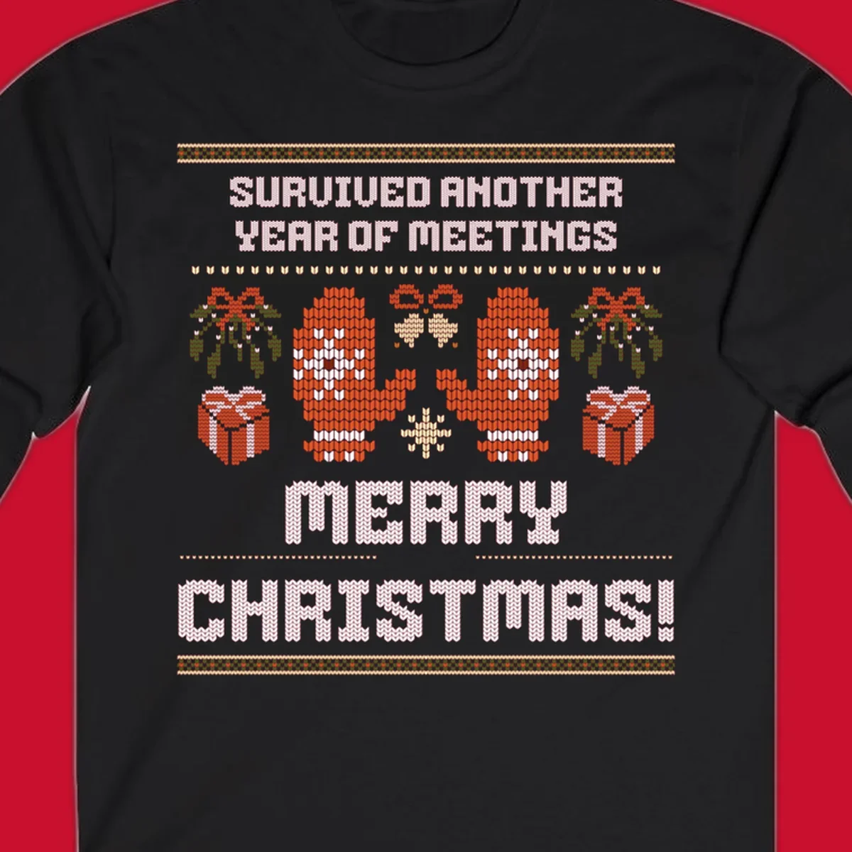 Text 'Survived Another Year Of Meetings' and 'Merry Christmas!' with lung graphics, presents, and mistletoe - meeting survivor christmas.