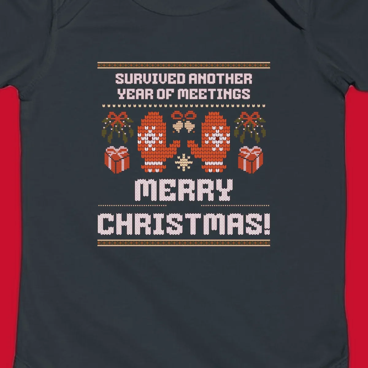 Text 'Survived Another Year Of Meetings' and 'Merry Christmas!' with lung graphics, presents, and mistletoe - meeting survivor christmas.