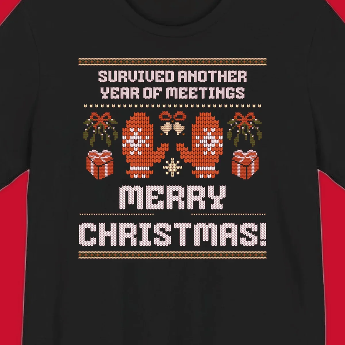 Text 'Survived Another Year Of Meetings' and 'Merry Christmas!' with lung graphics, presents, and mistletoe - meeting survivor christmas.