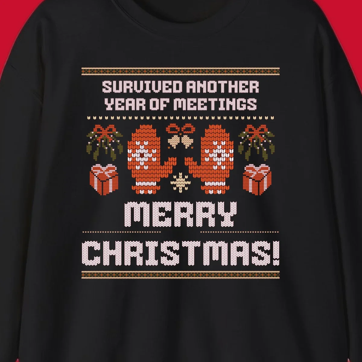 Text 'Survived Another Year Of Meetings' and 'Merry Christmas!' with lung graphics, presents, and mistletoe - meeting survivor christmas.