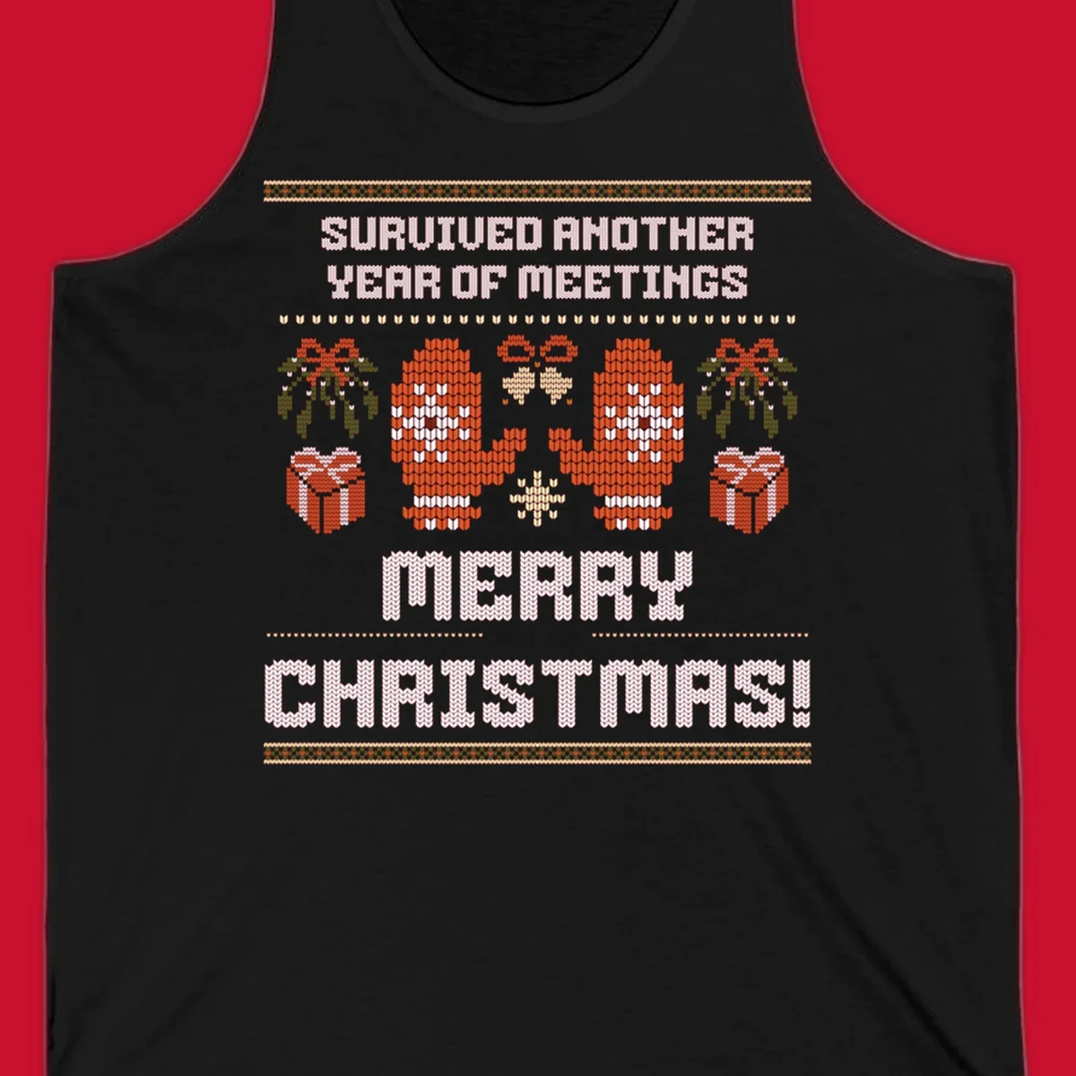 Text 'Survived Another Year Of Meetings' and 'Merry Christmas!' with lung graphics, presents, and mistletoe - meeting survivor christmas.