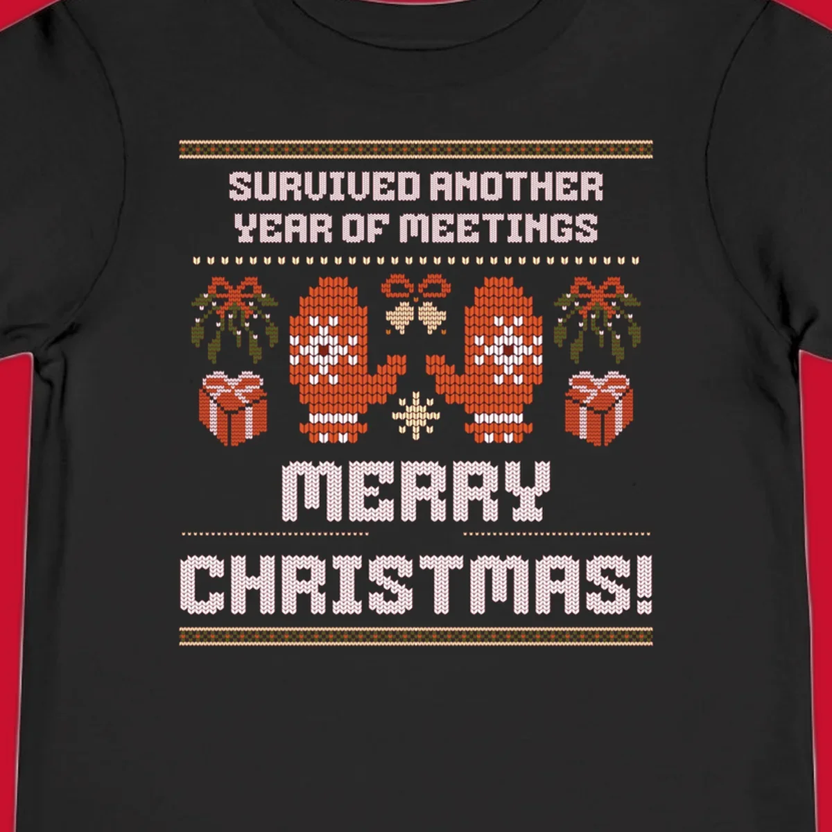 Text 'Survived Another Year Of Meetings' and 'Merry Christmas!' with lung graphics, presents, and mistletoe - meeting survivor christmas.