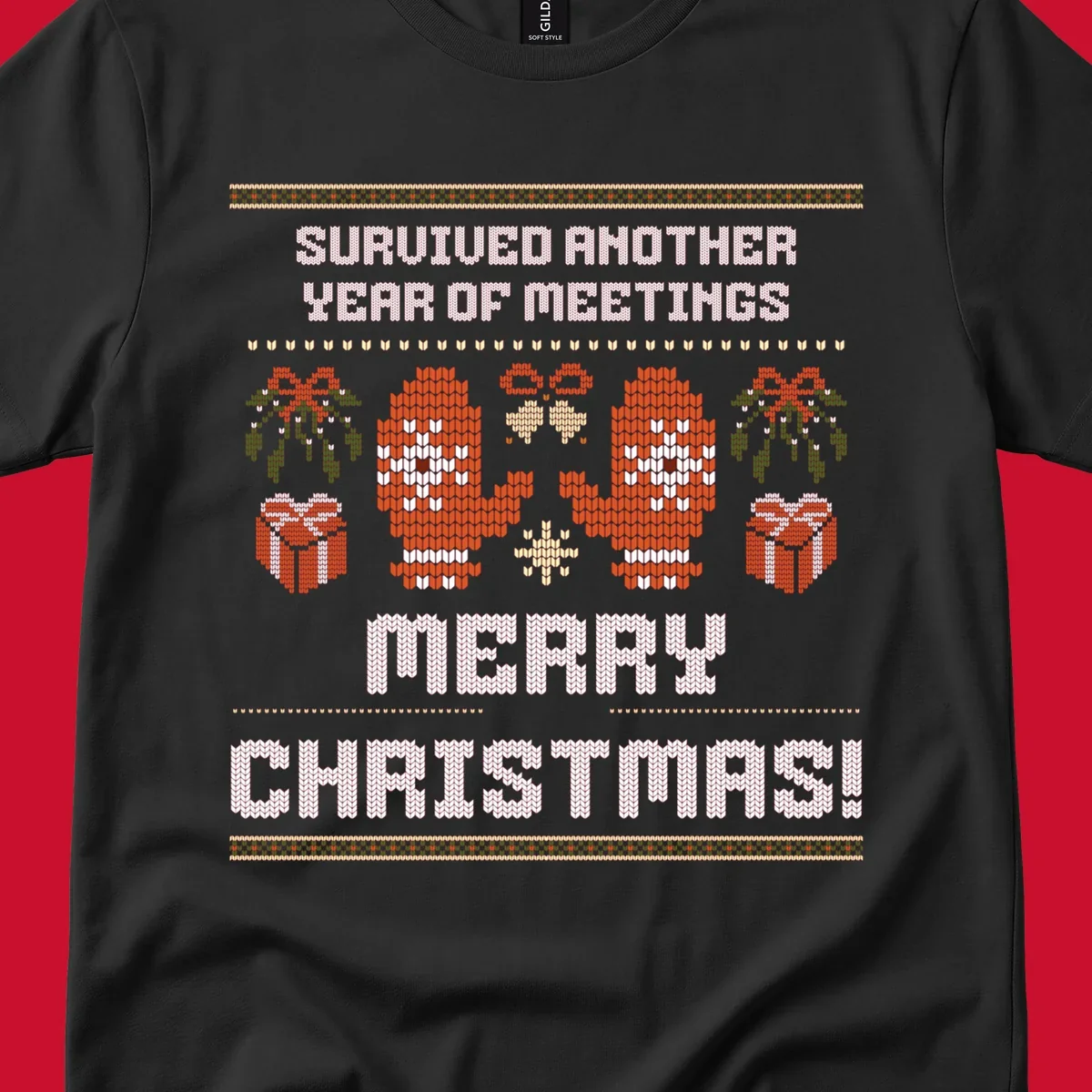 Text 'Survived Another Year Of Meetings' and 'Merry Christmas!' with lung graphics, presents, and mistletoe - meeting survivor christmas.