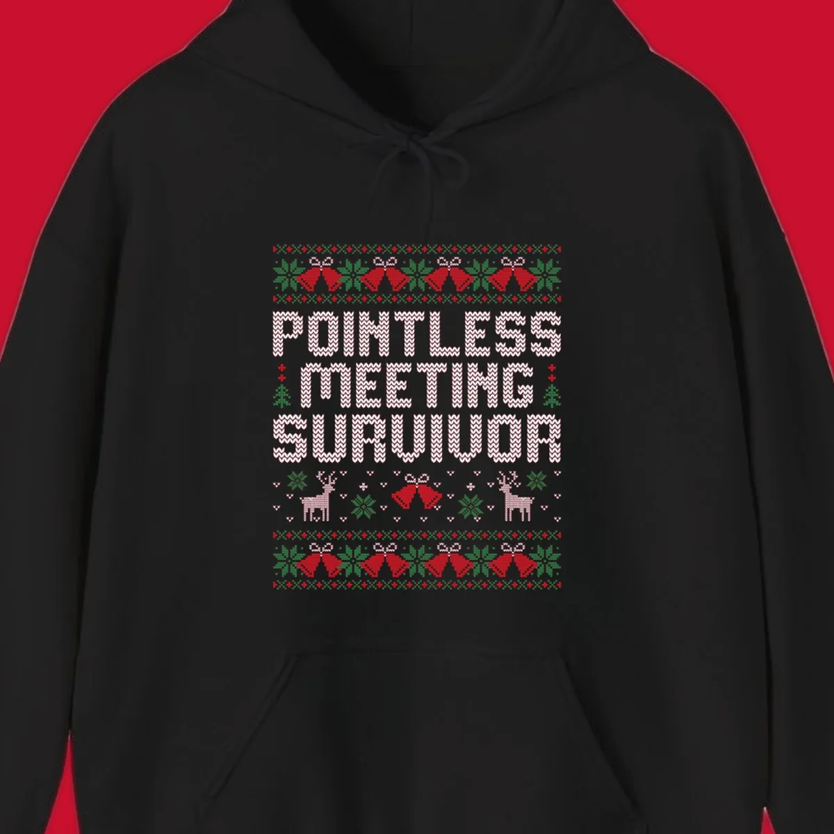 Pointless meeting survivor text with ugly christmas sweater elements like reindeer and bells.