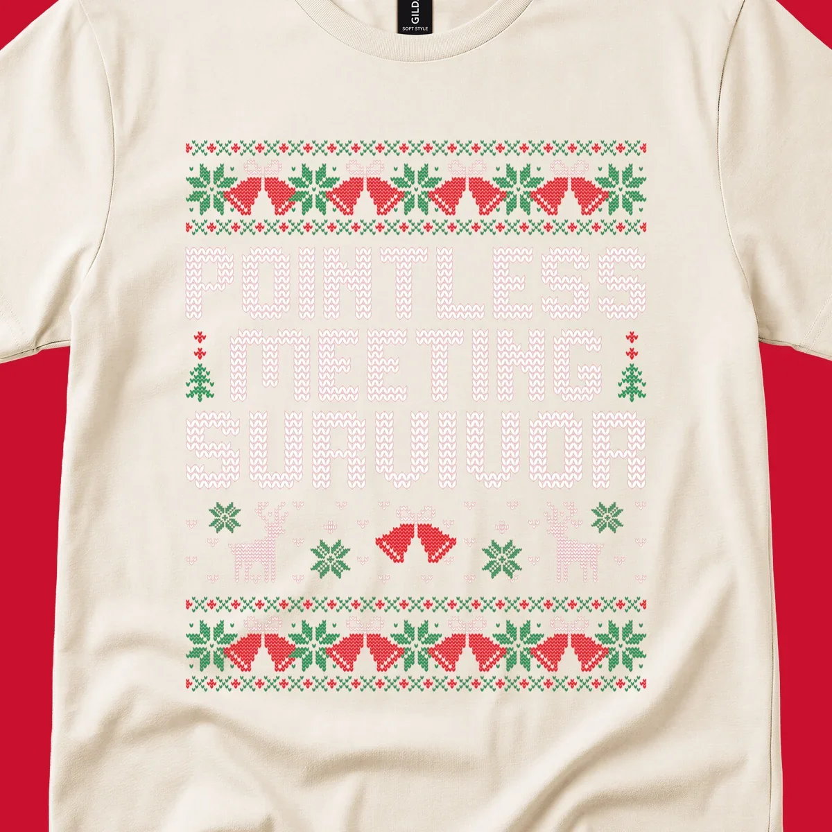Pointless meeting survivor text with ugly christmas sweater elements like reindeer and bells.