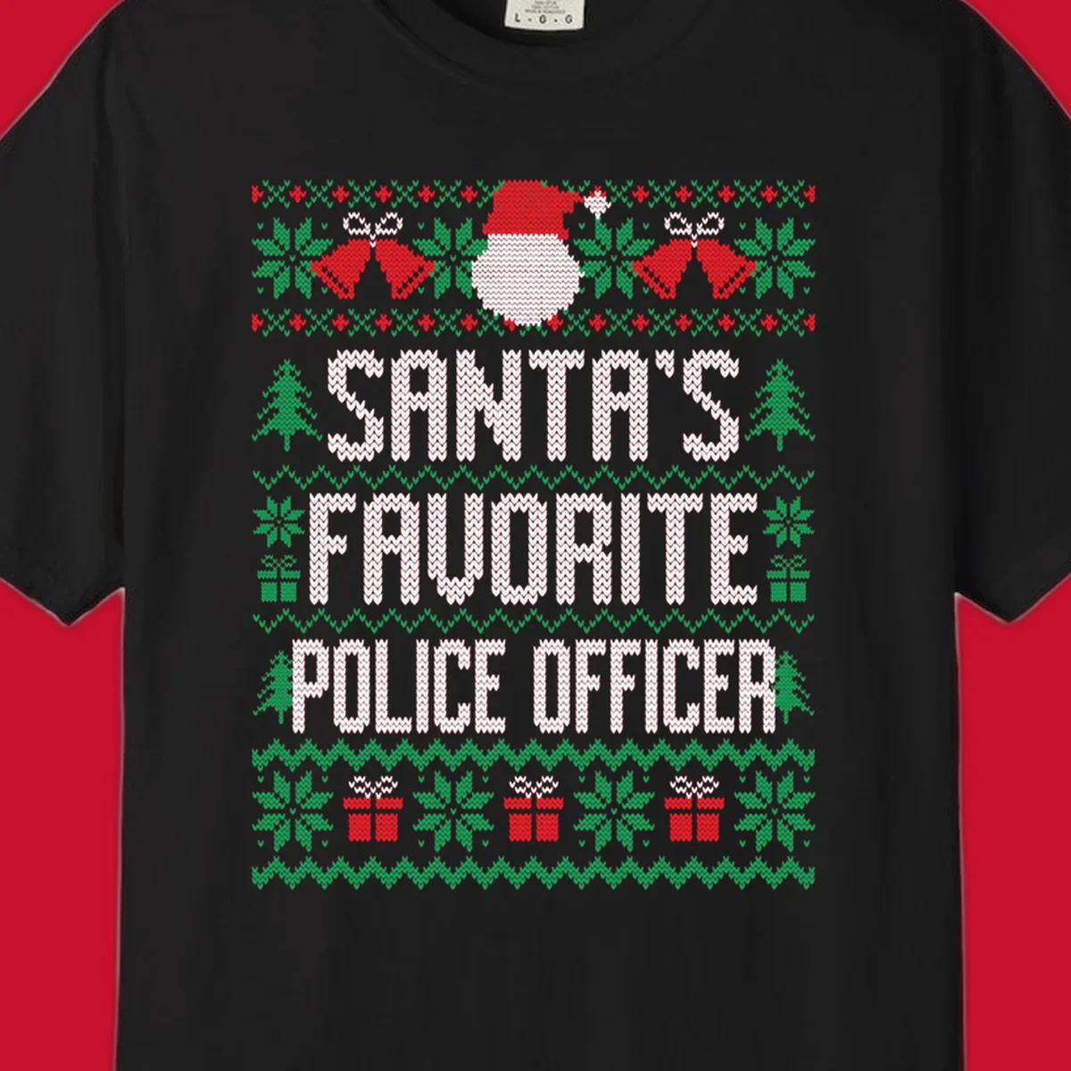 Santa's Favorite Police Officer ugly Christmas design with text and holiday elements.