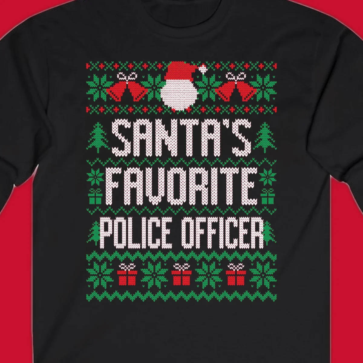 Santa's Favorite Police Officer ugly Christmas design with text and holiday elements.