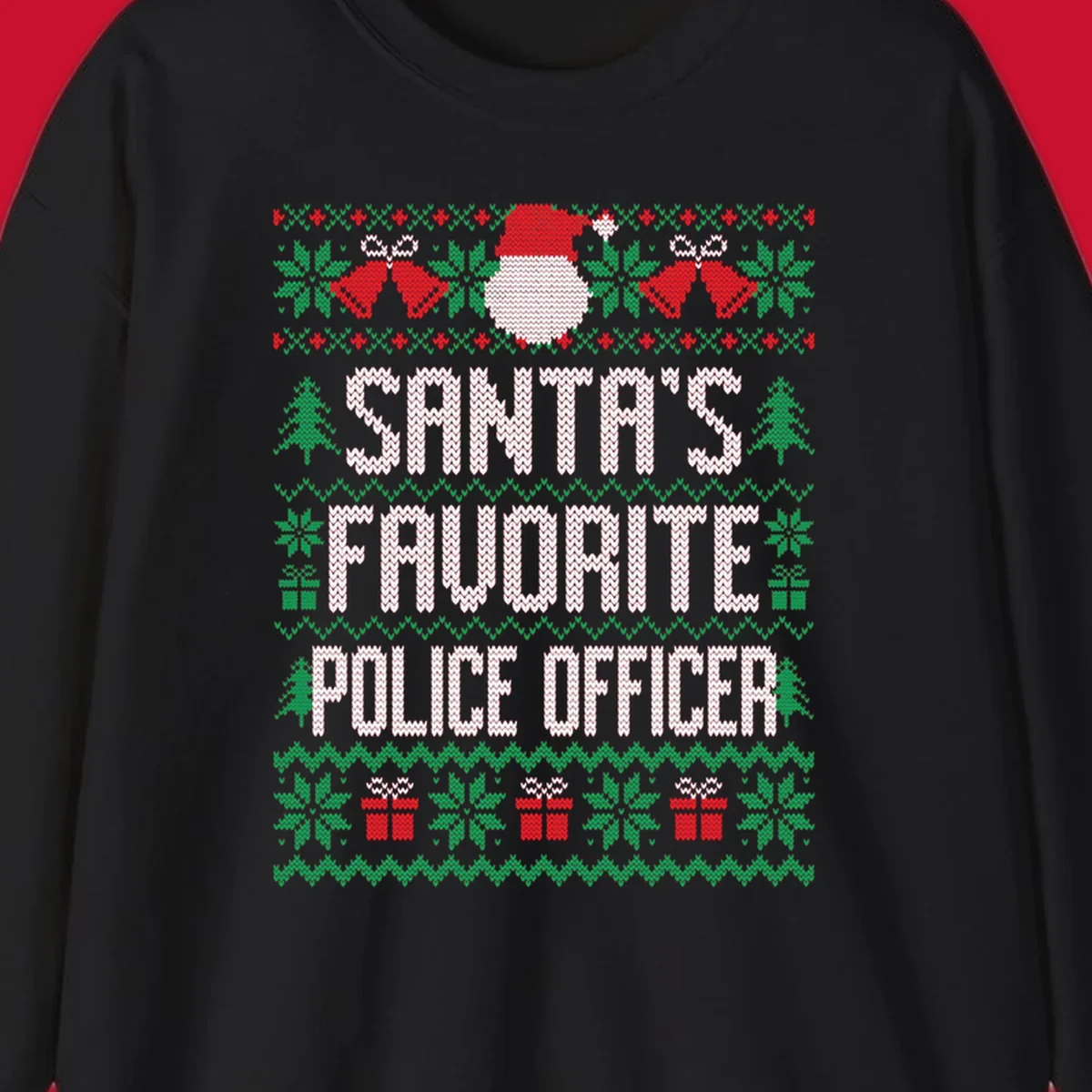 Santa's Favorite Police Officer ugly Christmas design with text and holiday elements.