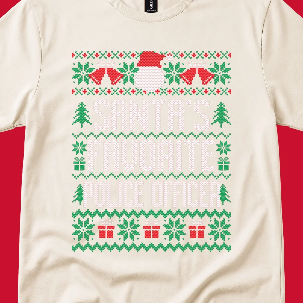 Santa's Favorite Police Officer ugly Christmas design with text and holiday elements.