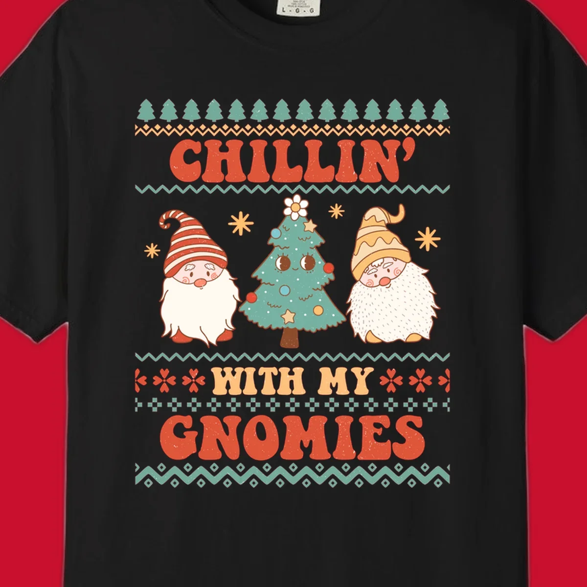 Chillin with my gnomies holiday design featuring retro text, gnomes, and a Christmas tree.