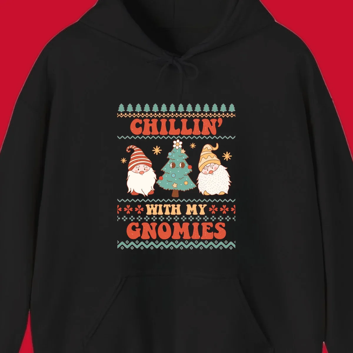 Chillin with my gnomies holiday design featuring retro text, gnomes, and a Christmas tree.
