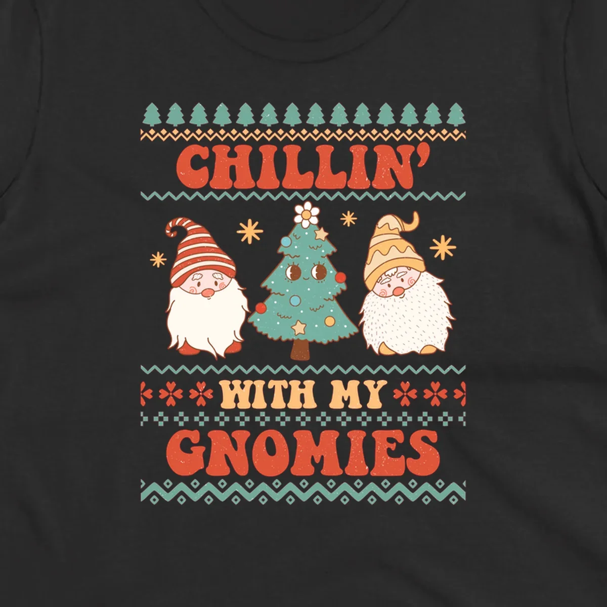 Chillin with my gnomies holiday design featuring retro text, gnomes, and a Christmas tree.