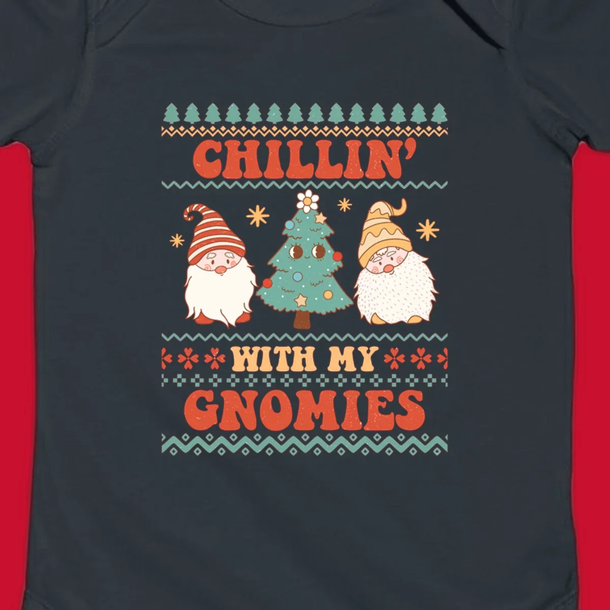 Chillin with my gnomies holiday design featuring retro text, gnomes, and a Christmas tree.