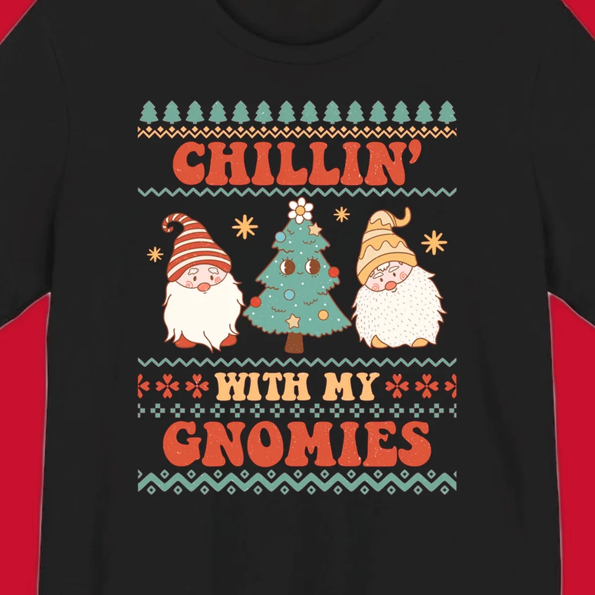 Chillin with my gnomies holiday design featuring retro text, gnomes, and a Christmas tree.