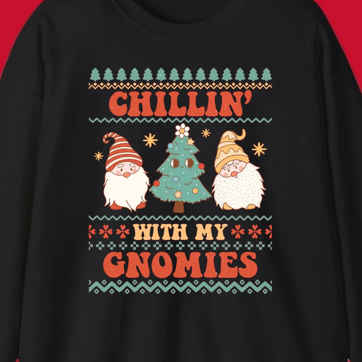 Chillin with my gnomies holiday design featuring retro text, gnomes, and a Christmas tree.