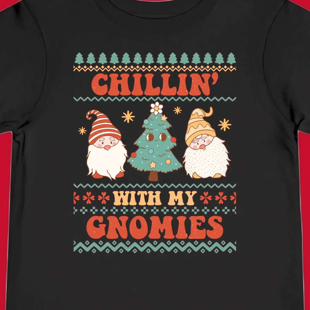 Chillin with my gnomies holiday design featuring retro text, gnomes, and a Christmas tree.