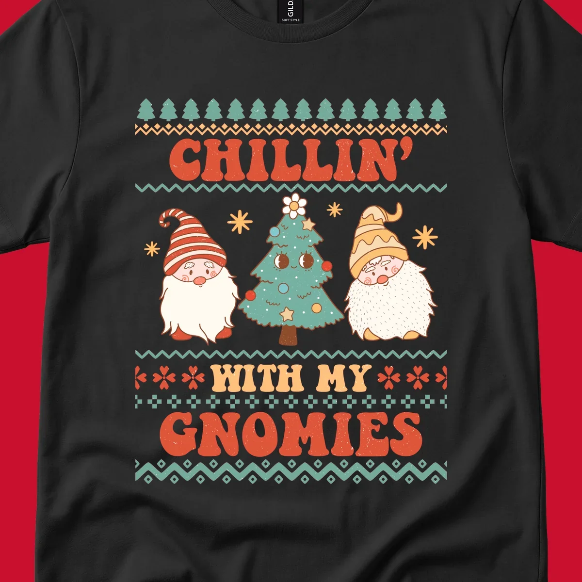 Chillin with my gnomies holiday design featuring retro text, gnomes, and a Christmas tree.