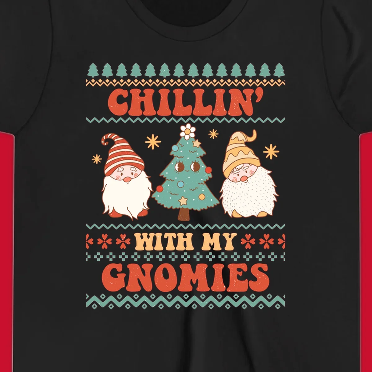 Chillin with my gnomies holiday design featuring retro text, gnomes, and a Christmas tree.