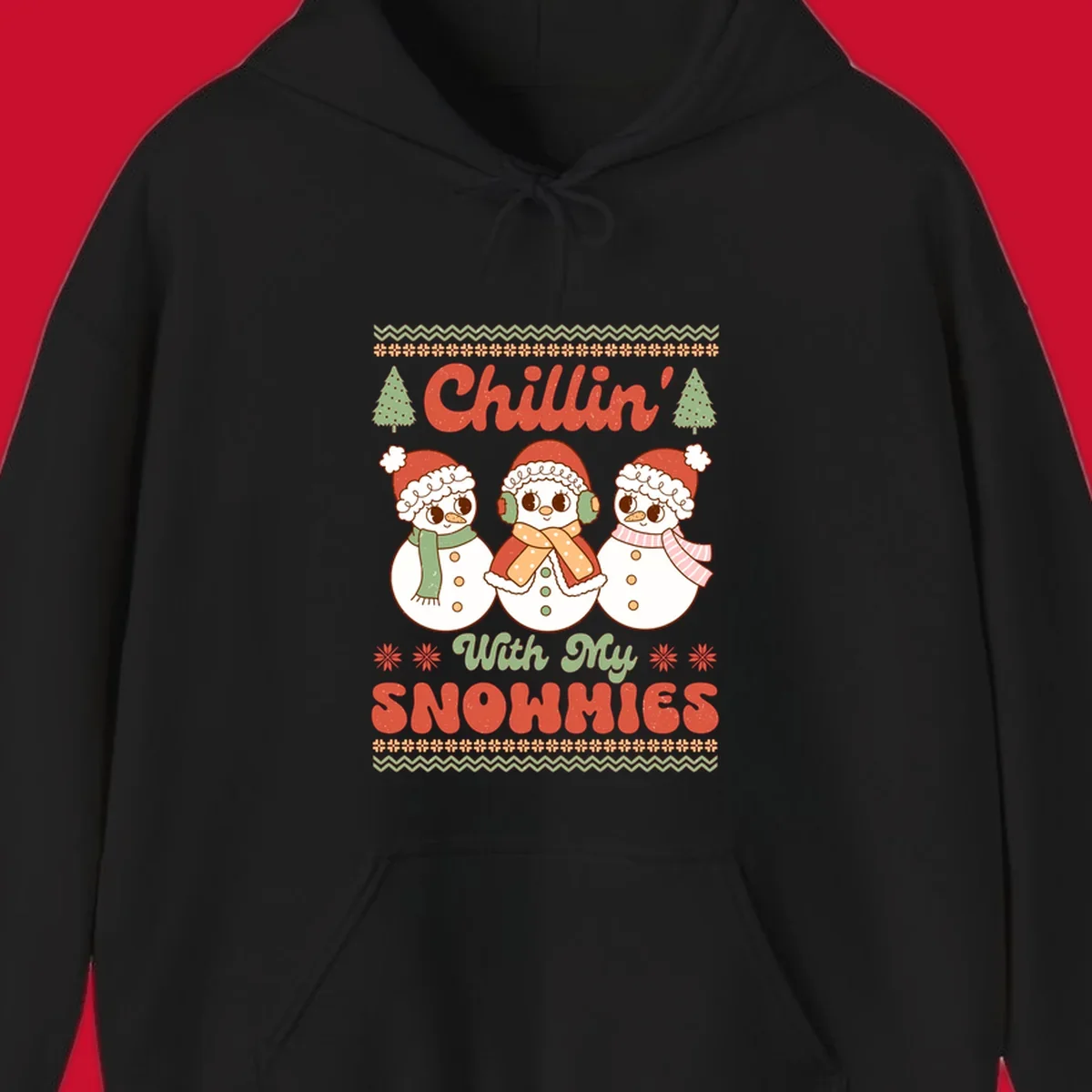 Chillin' With My Snowmies retro Christmas design with snowmen and text.