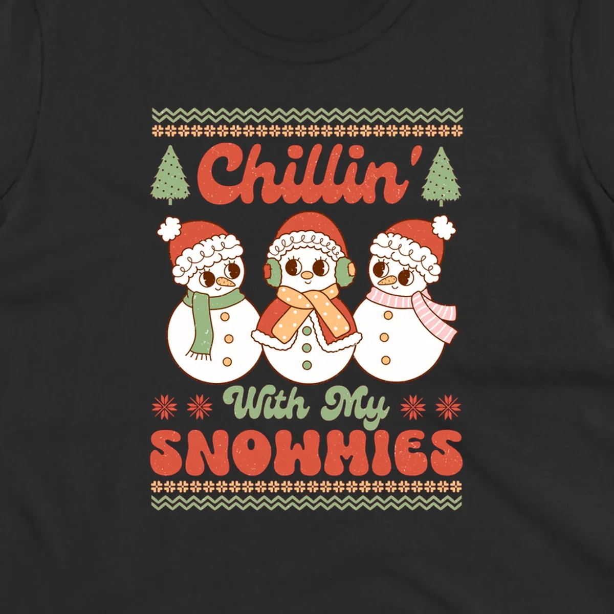Chillin' With My Snowmies retro Christmas design with snowmen and text.