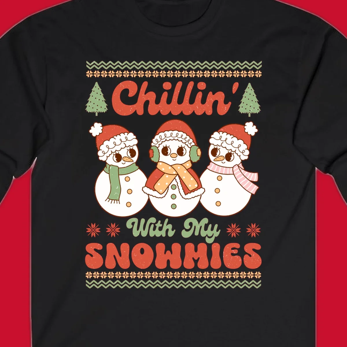 Chillin' With My Snowmies retro Christmas design with snowmen and text.