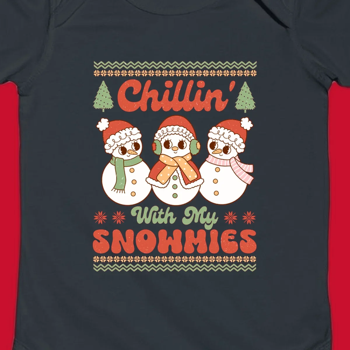 Chillin' With My Snowmies retro Christmas design with snowmen and text.