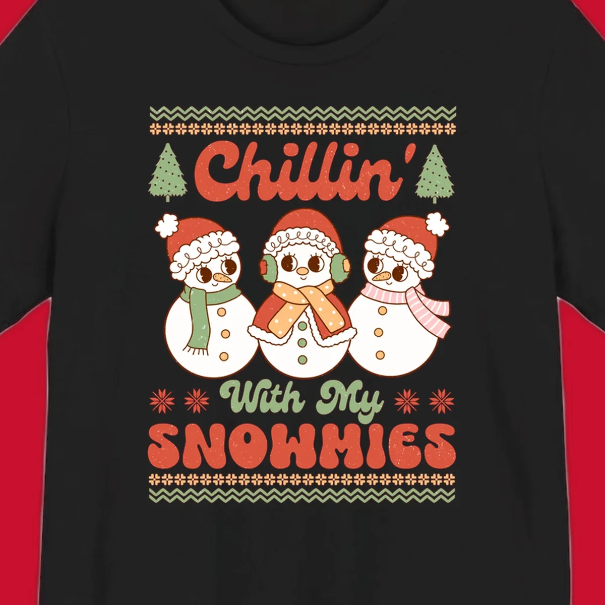 Chillin' With My Snowmies retro Christmas design with snowmen and text.