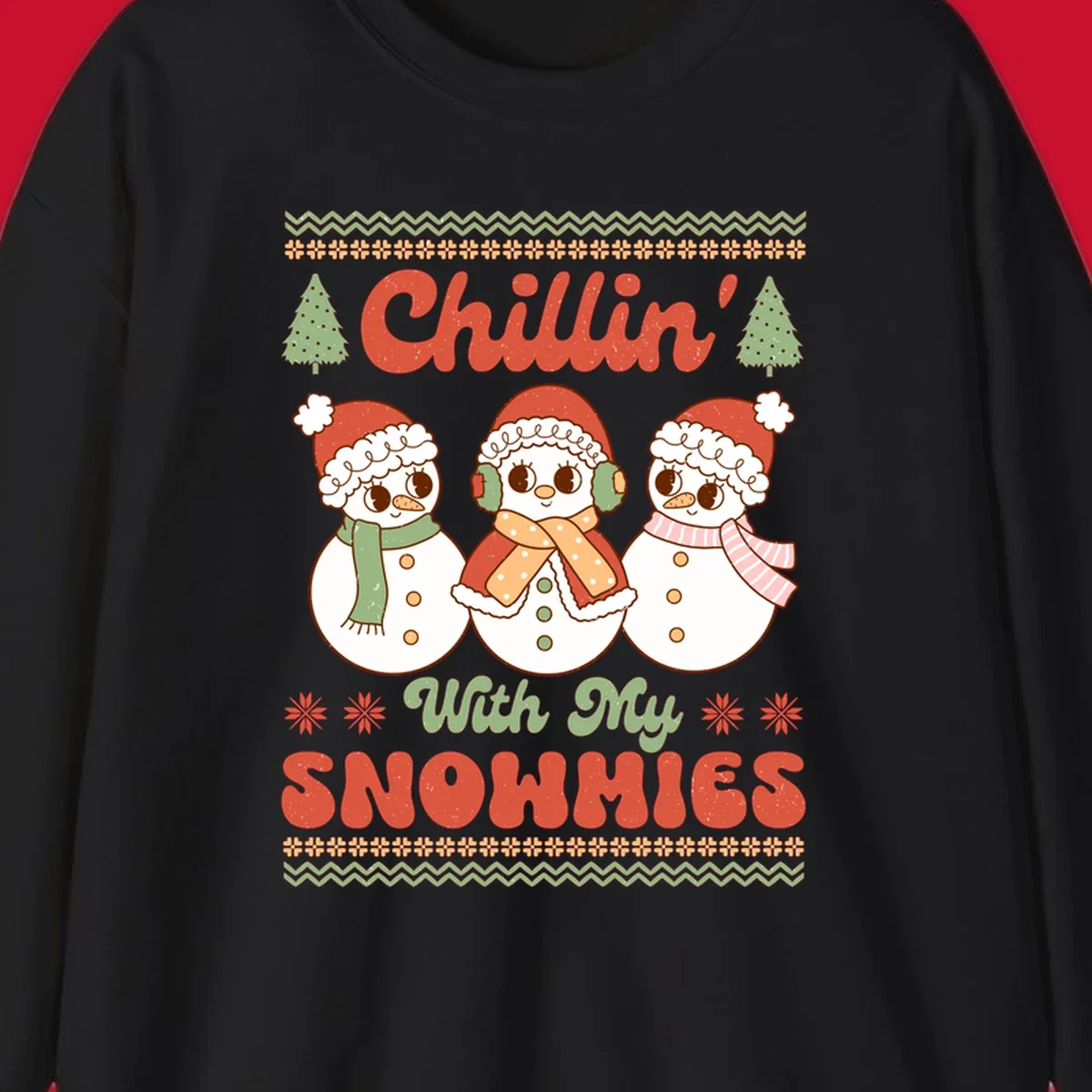 Chillin' With My Snowmies retro Christmas design with snowmen and text.