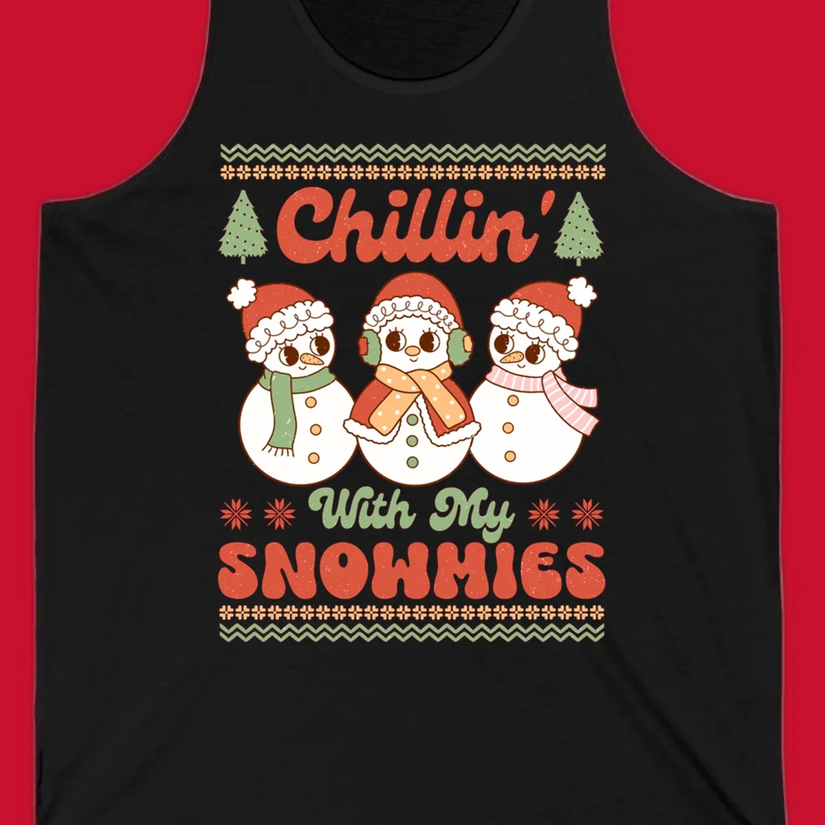 Chillin' With My Snowmies retro Christmas design with snowmen and text.