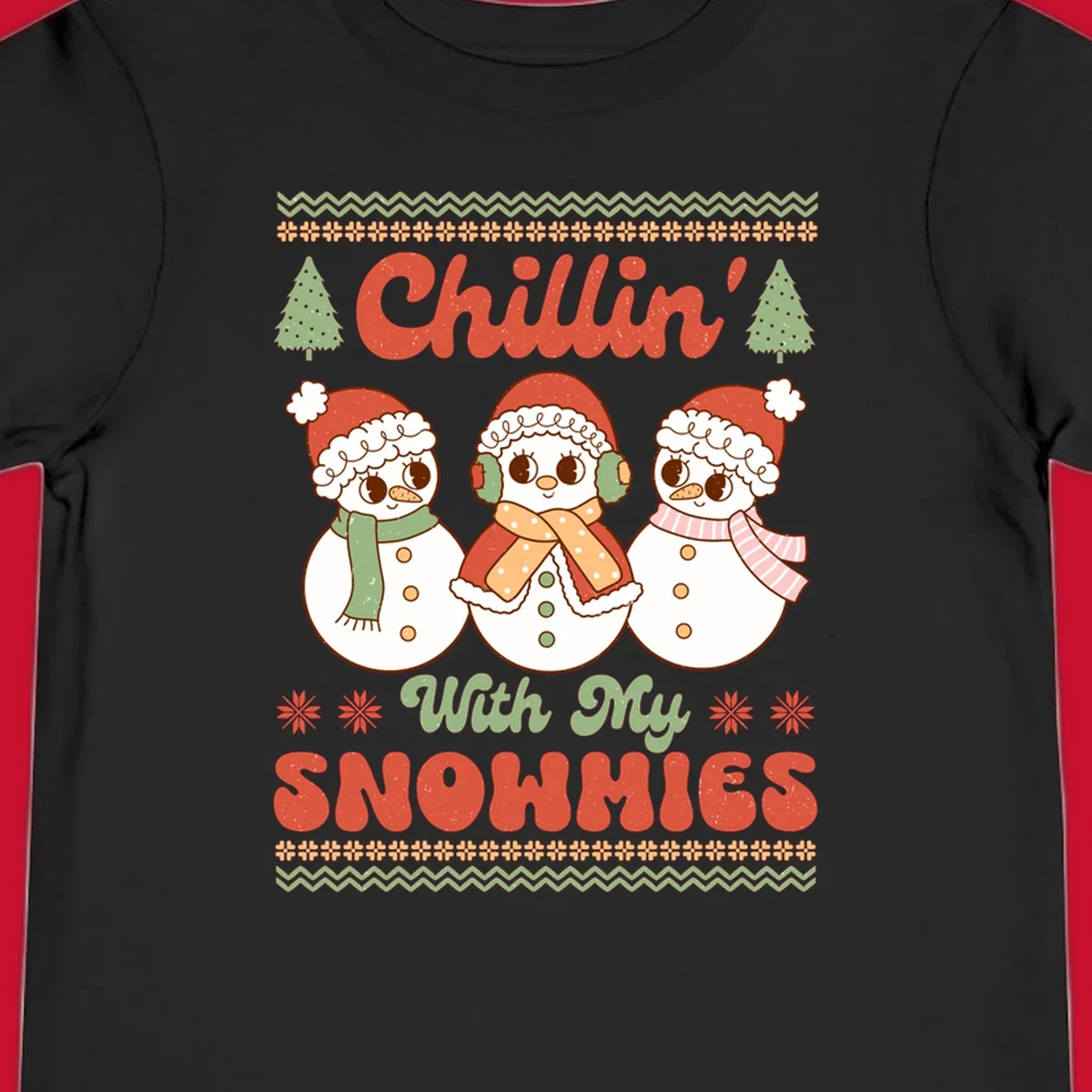 Chillin' With My Snowmies retro Christmas design with snowmen and text.