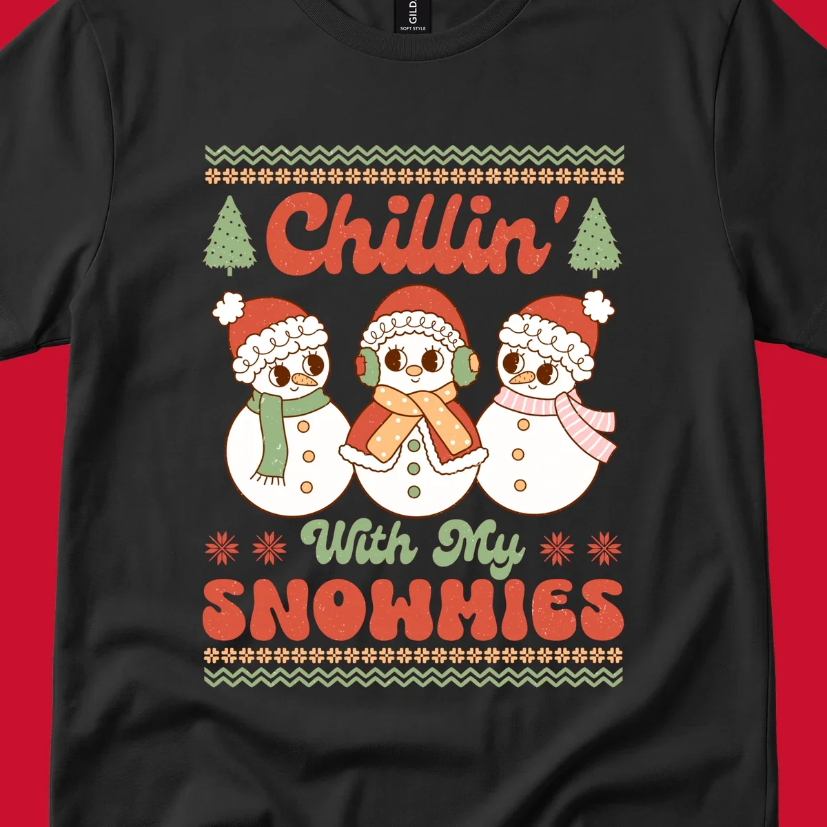 Chillin' With My Snowmies retro Christmas design with snowmen and text.