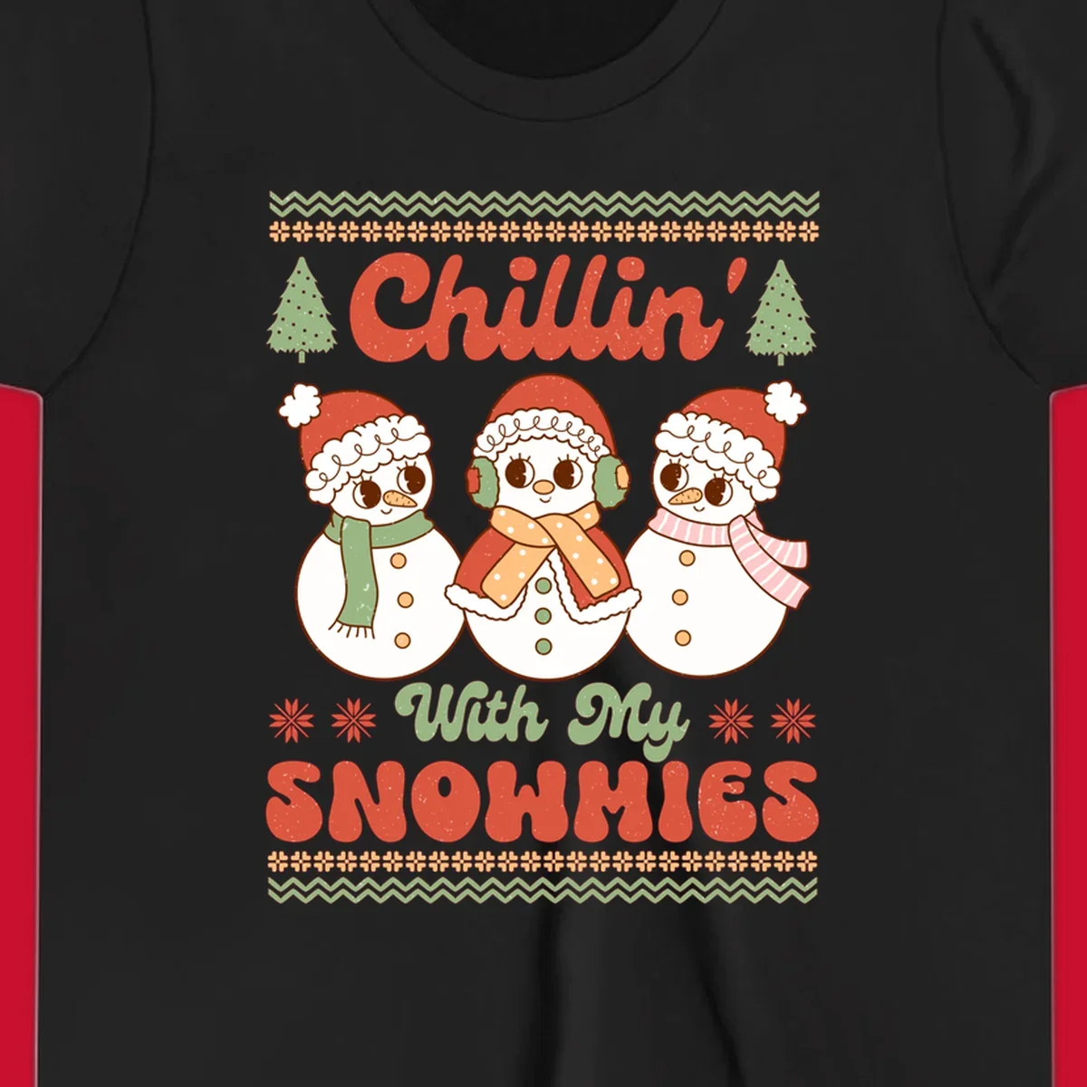 Chillin' With My Snowmies retro Christmas design with snowmen and text.