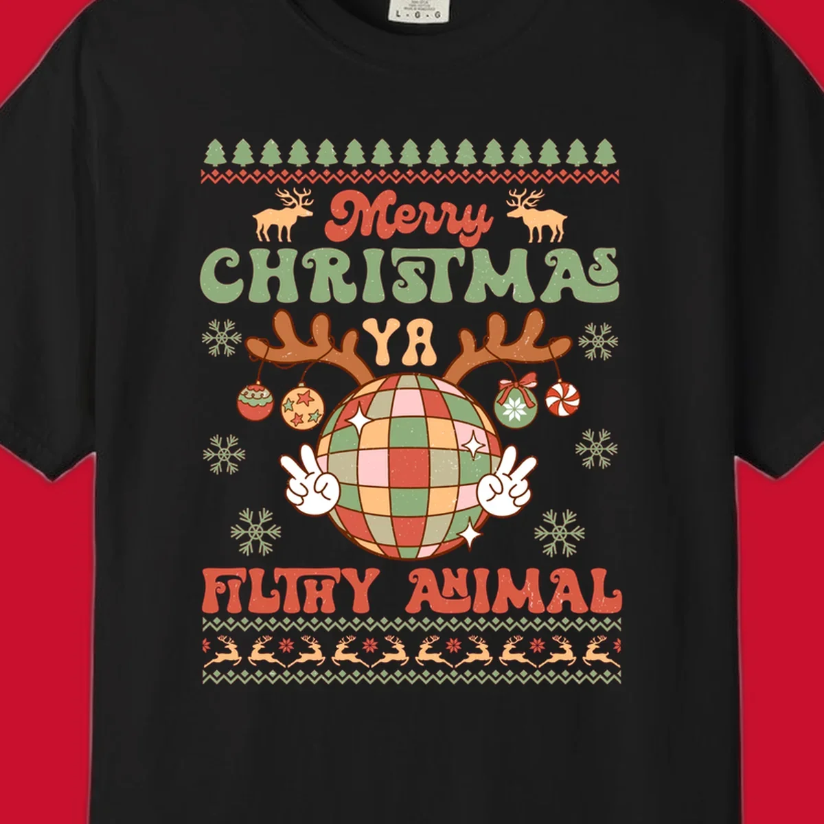 Filthy animal disco ball Christmas design with reindeer antlers and peace signs.