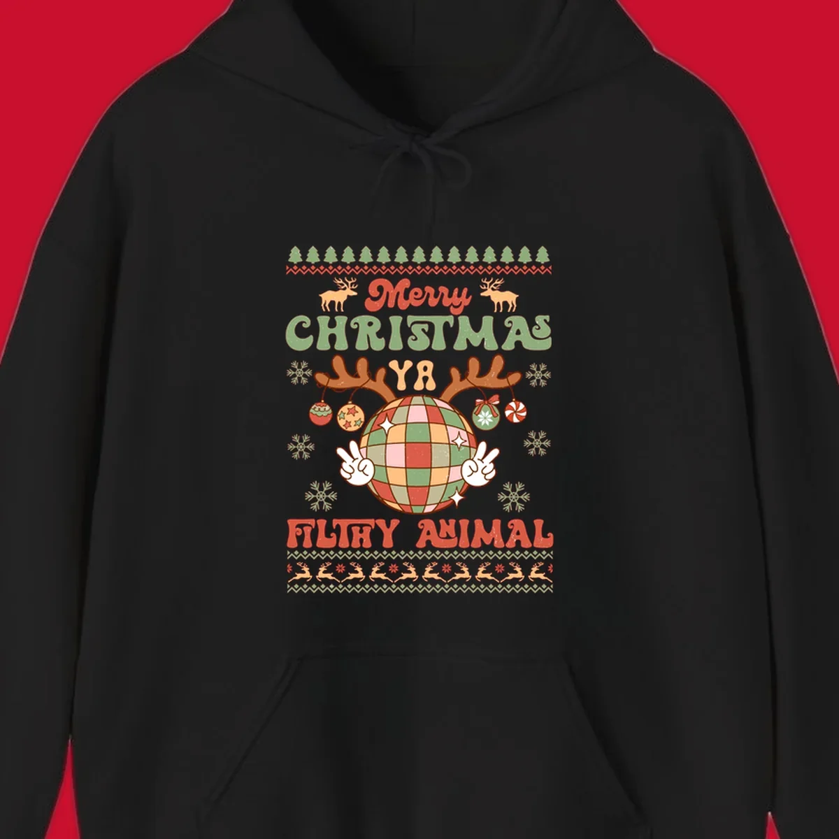 Filthy animal disco ball Christmas design with reindeer antlers and peace signs.