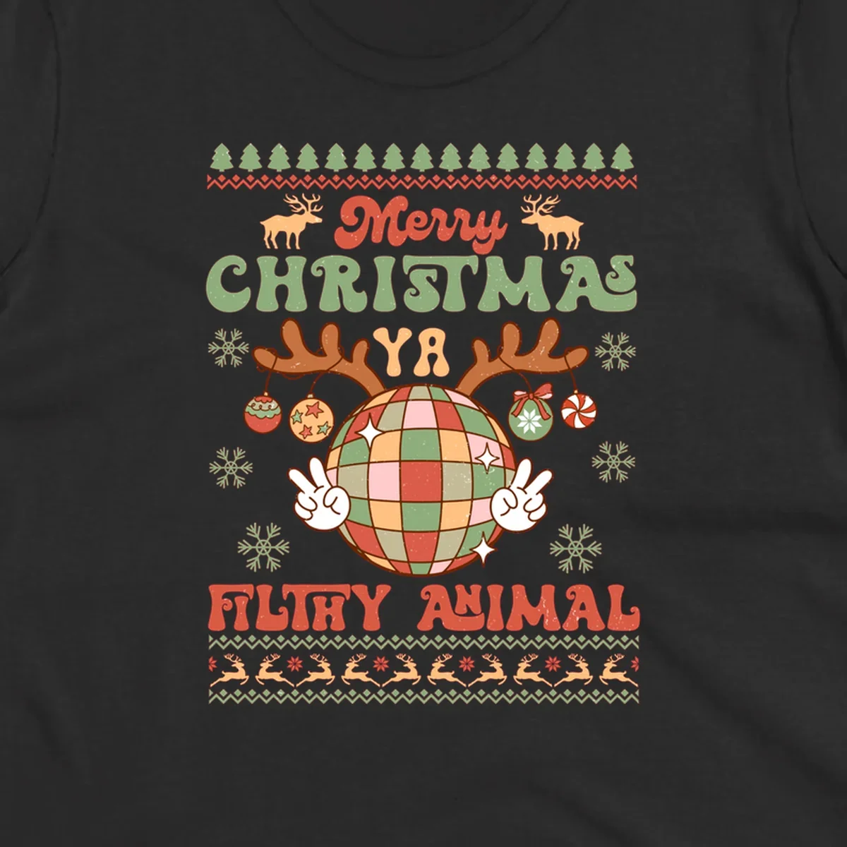 Filthy animal disco ball Christmas design with reindeer antlers and peace signs.