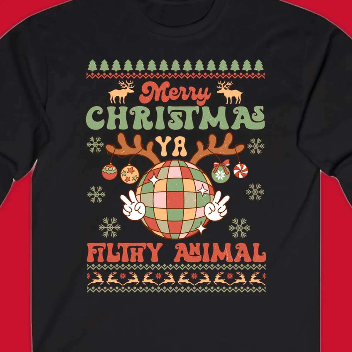 Filthy animal disco ball Christmas design with reindeer antlers and peace signs.