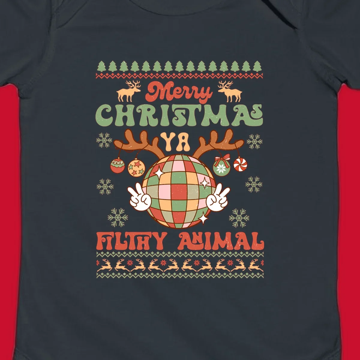 Filthy animal disco ball Christmas design with reindeer antlers and peace signs.