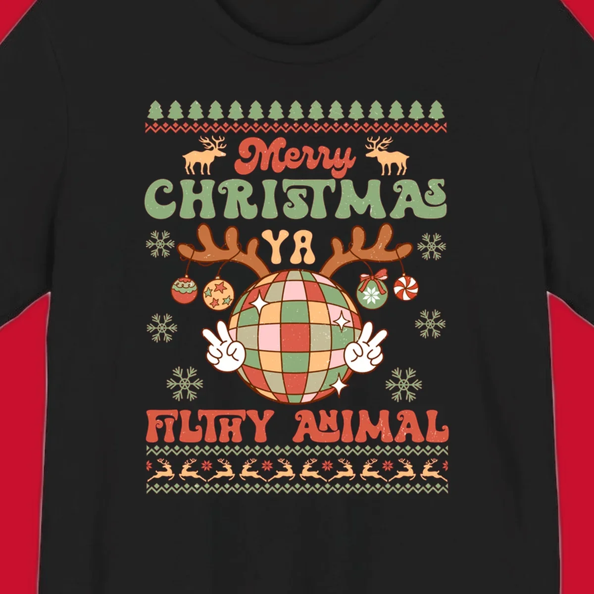 Filthy animal disco ball Christmas design with reindeer antlers and peace signs.