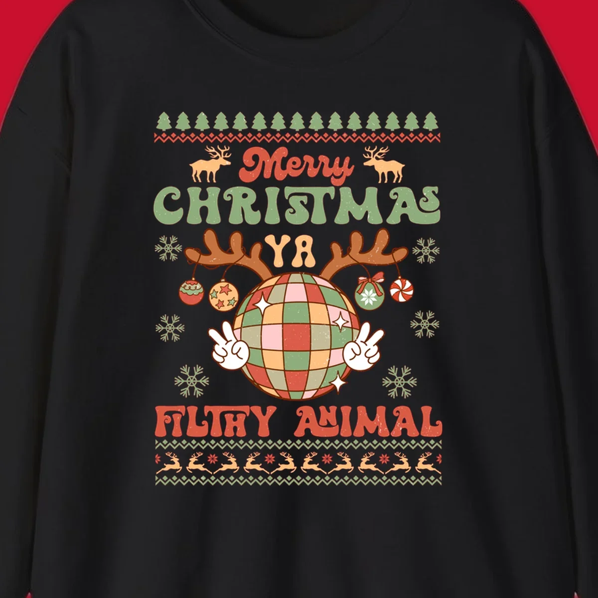 Filthy animal disco ball Christmas design with reindeer antlers and peace signs.