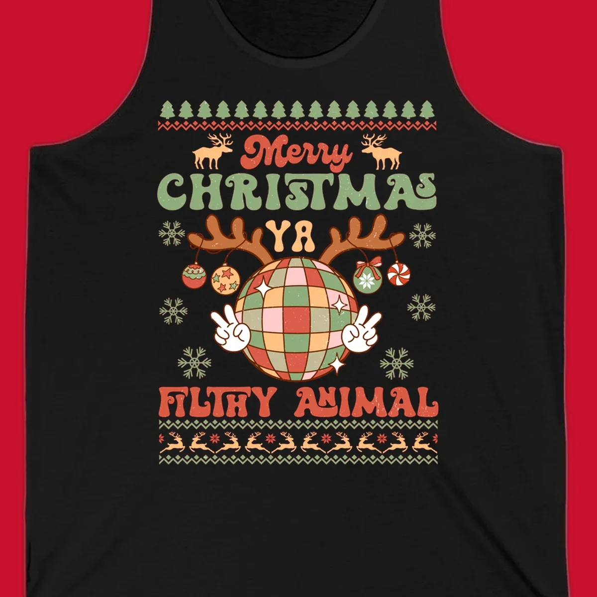 Filthy animal disco ball Christmas design with reindeer antlers and peace signs.