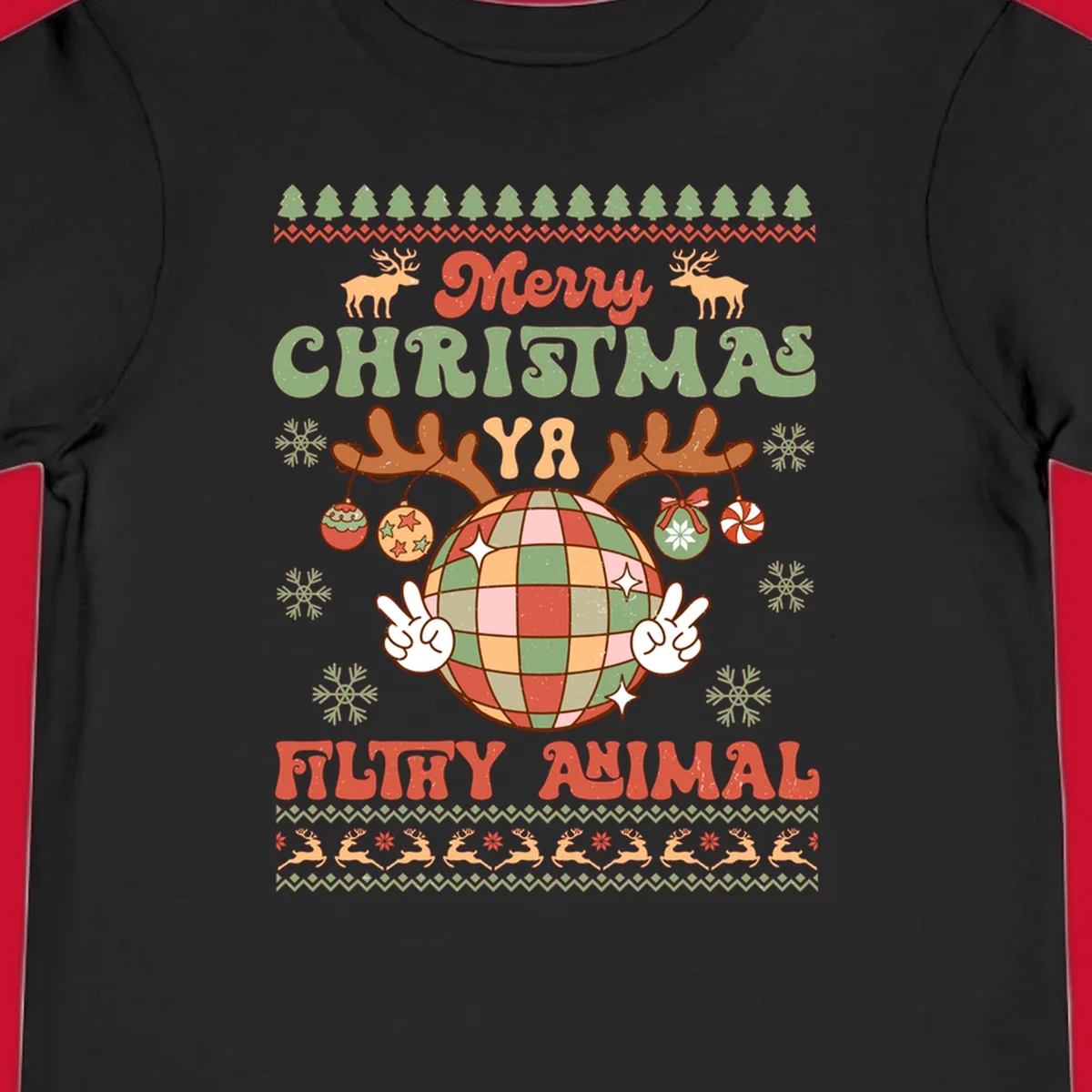 Filthy animal disco ball Christmas design with reindeer antlers and peace signs.
