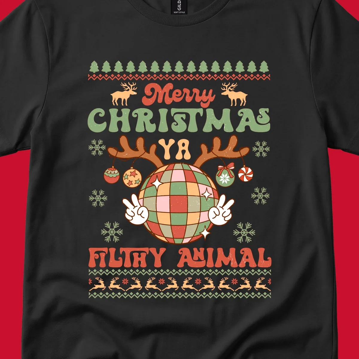 Filthy animal disco ball Christmas design with reindeer antlers and peace signs.
